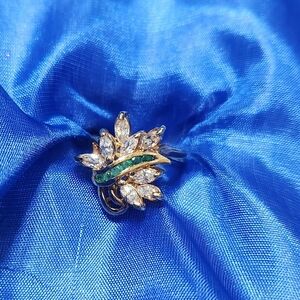 925 STERLING SILVER GOLD PLATED EMERALD & GOSHENITE RING SIZE 6